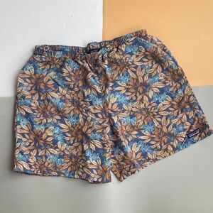 Patagonia Blue and Brown Leaf Print Swim Trunks